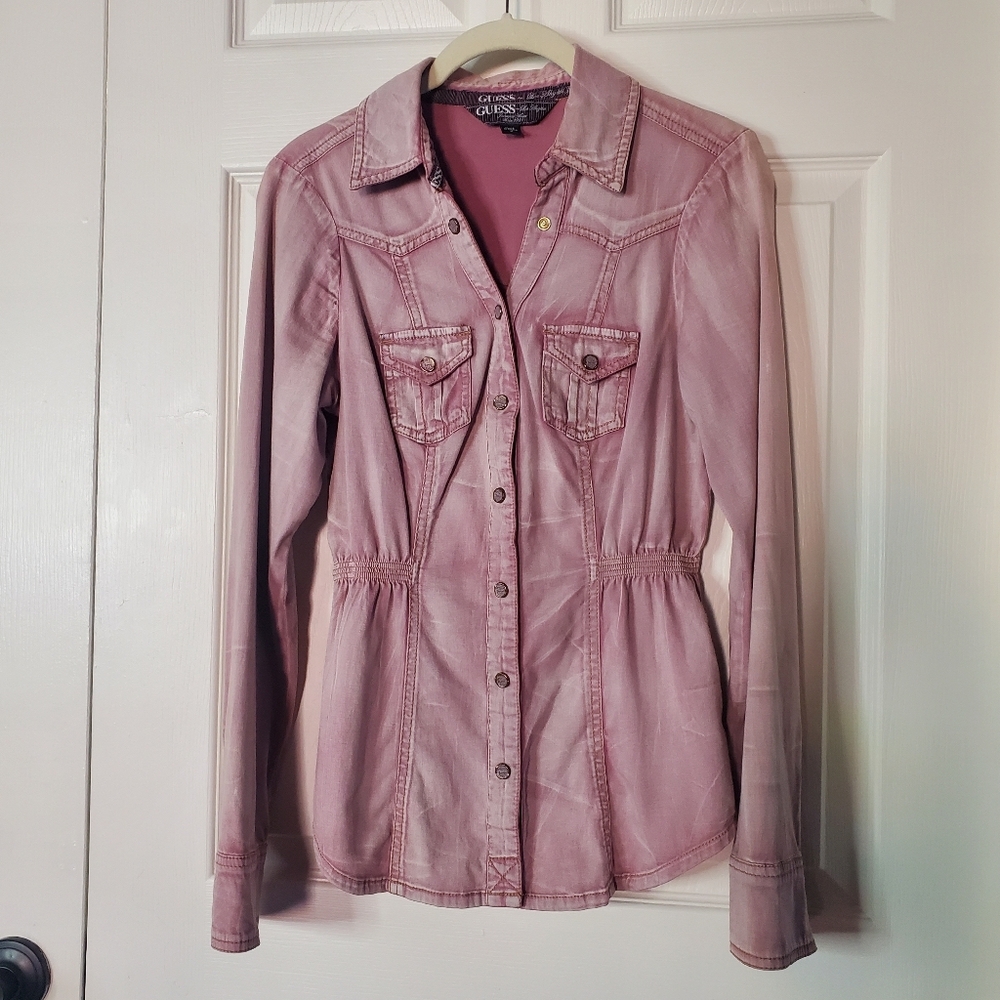 Guess Pink Button-Front Long Sleeve Blouse